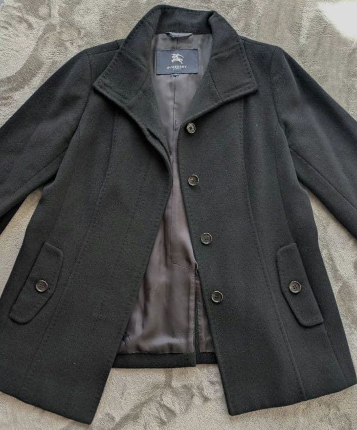 バーバリー　ウールアンゴラ混　ミドルコート　ラビットファー襟　ベルト付　ブラック