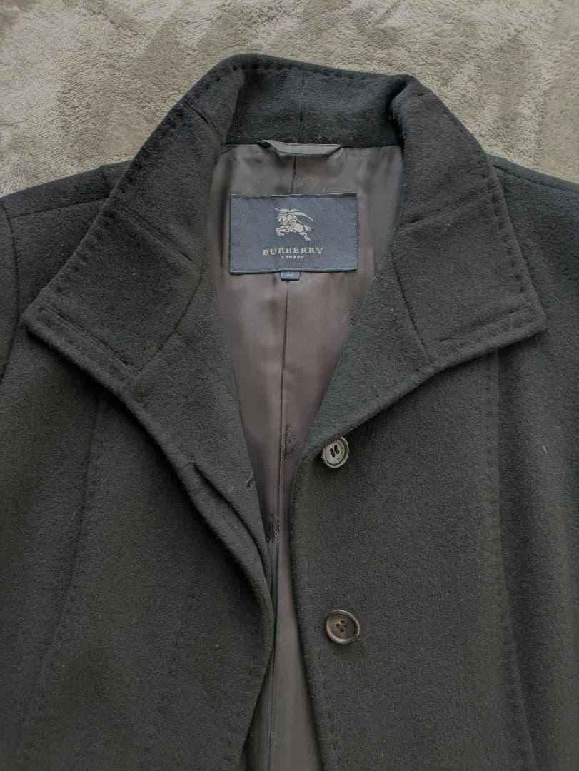 バーバリー　ウールアンゴラ混　ミドルコート　ラビットファー襟　ベルト付　ブラック