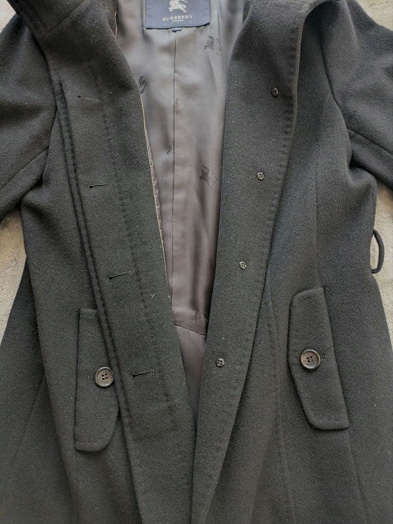 バーバリー　ウールアンゴラ混　ミドルコート　ラビットファー襟　ベルト付　ブラック