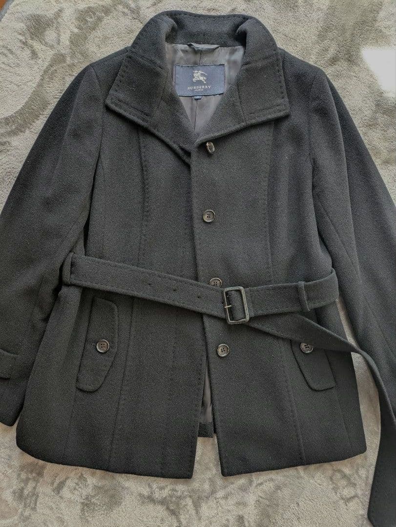 バーバリー　ウールアンゴラ混　ミドルコート　ラビットファー襟　ベルト付　ブラック