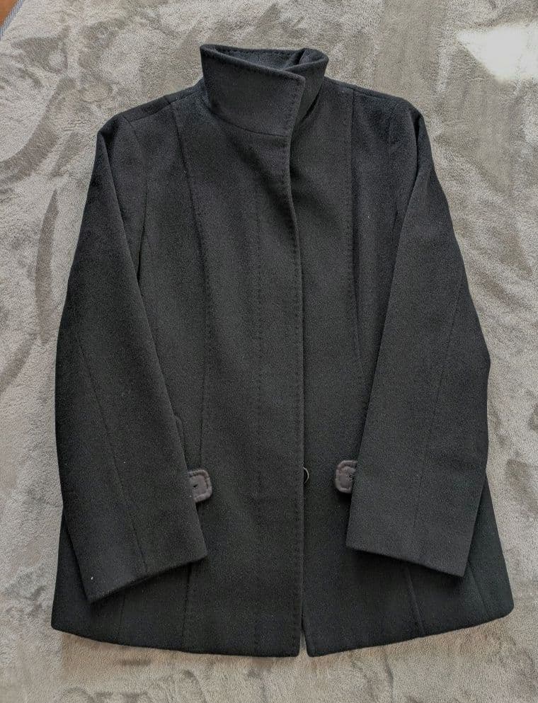 バーバリー　ウールアンゴラ混　ミドルコート　ラビットファー襟　ベルト付　ブラック