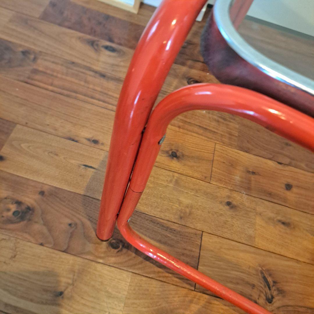 昭和レトロ　ミッドセンチュリー　ガラスアイアンテーブル　赤 強化ガラス天板