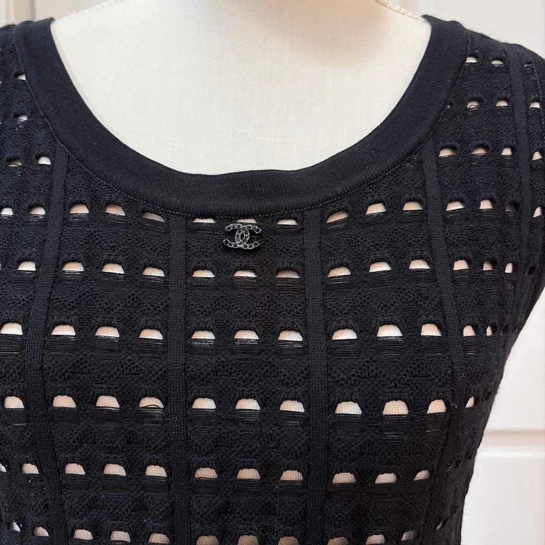 シャネル 透かし編み ノースリーブワンピース 黒サイズ42