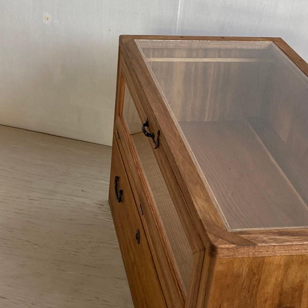 古い木製 引き出し付き ガラスケース ショーケース ガラス戸棚 木製棚