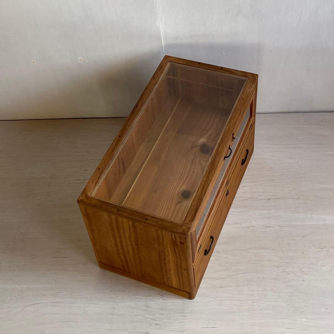 古い木製 引き出し付き ガラスケース ショーケース ガラス戸棚 木製棚