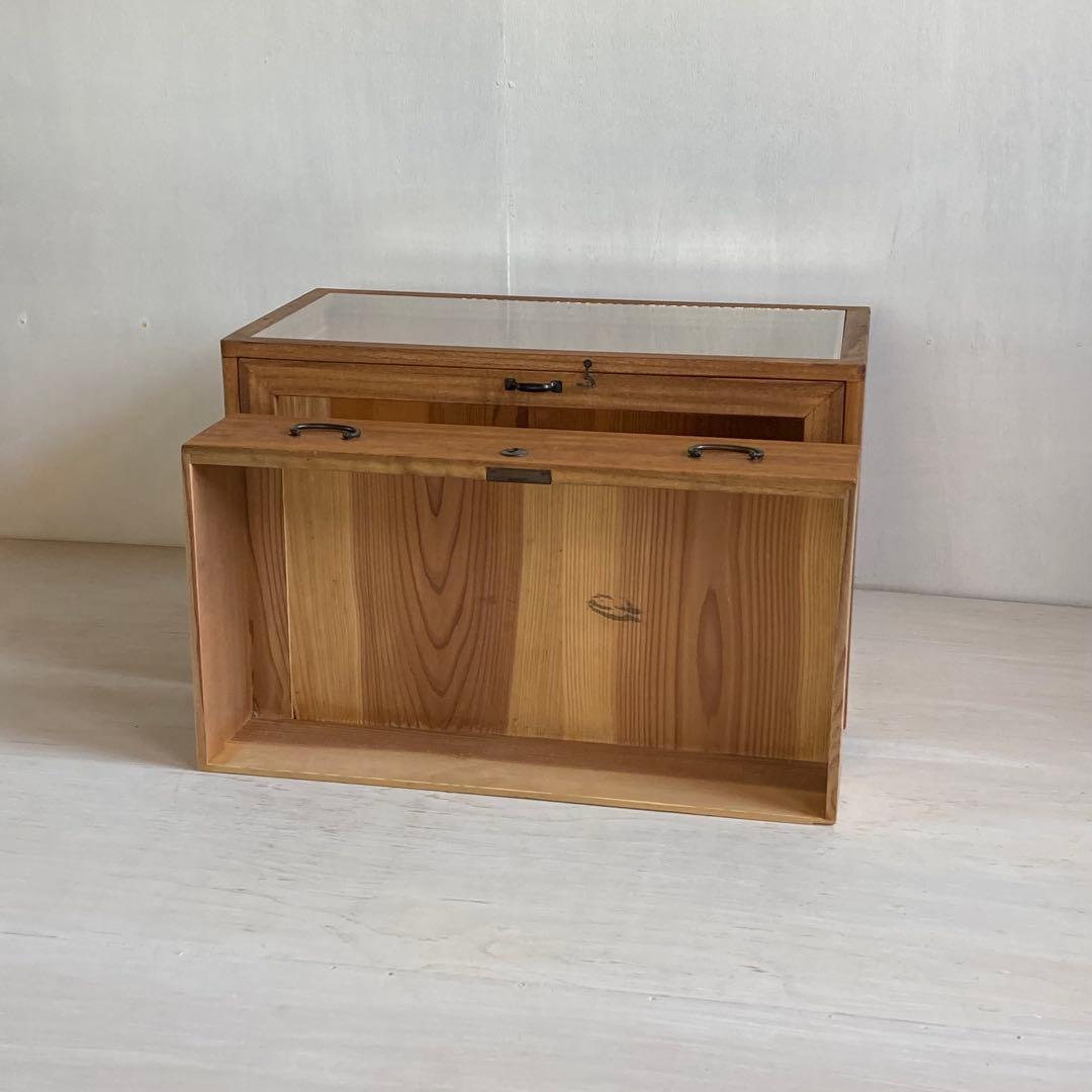 古い木製 引き出し付き ガラスケース ショーケース ガラス戸棚 木製棚