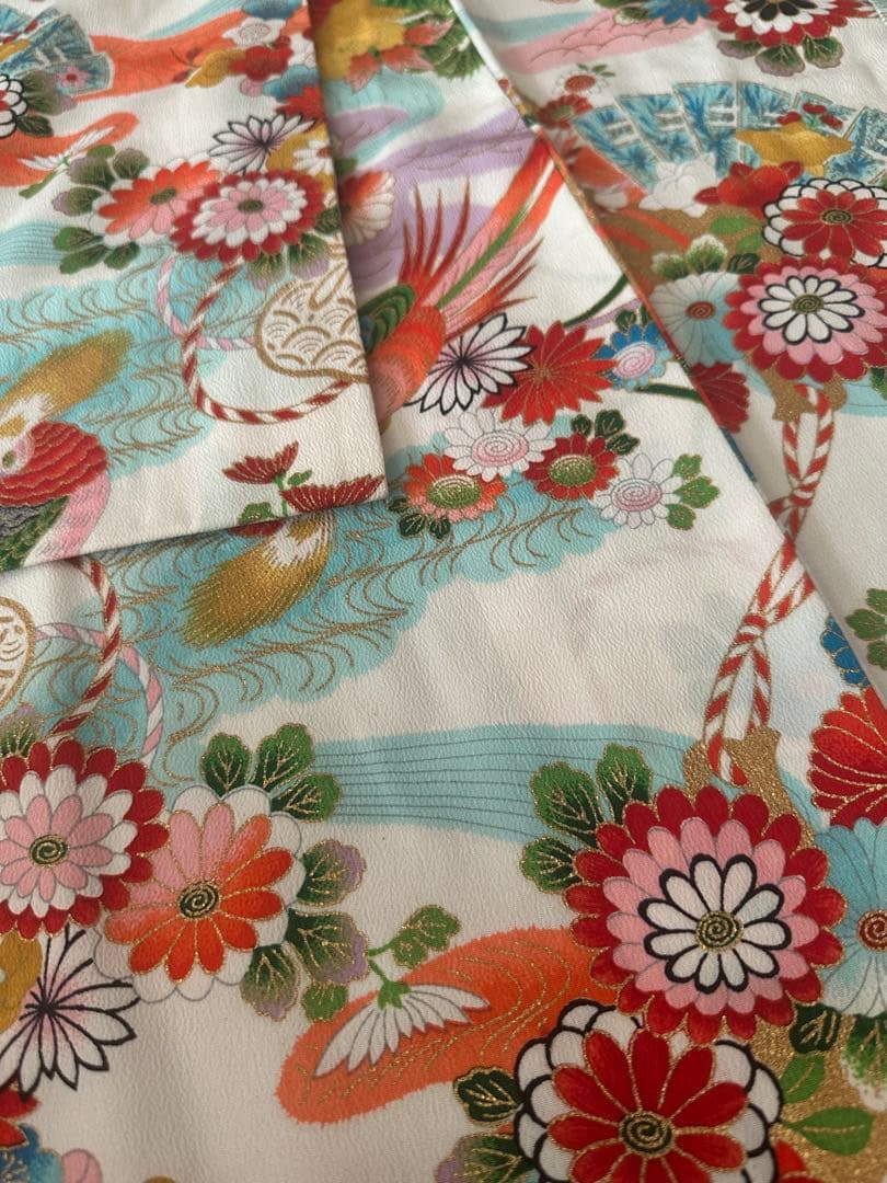 七五三 7歳 四つ身着物 レトロ柄 牡丹 鶴 金彩 美品