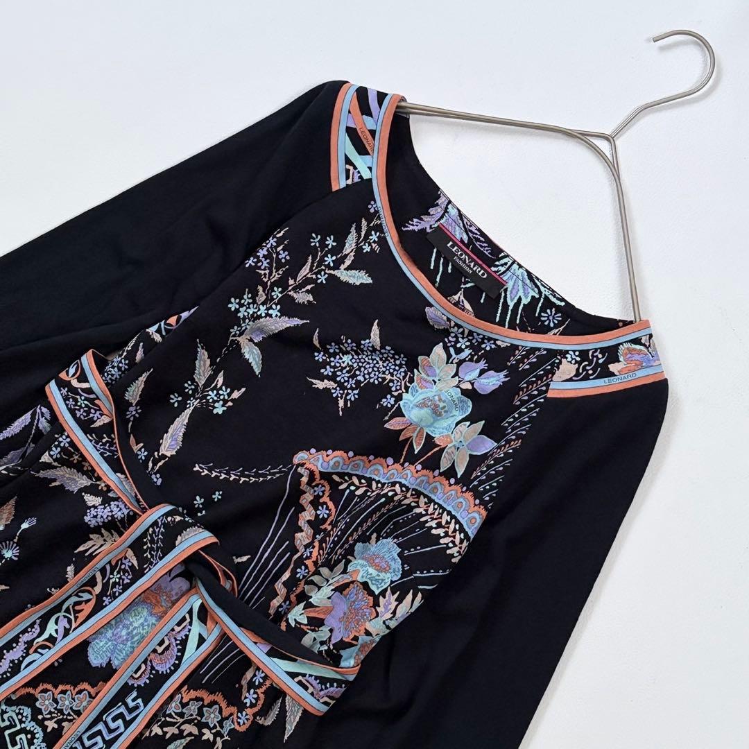 美品✨レオナール シルクウール 素敵な花柄 ワンピース リボン ネイビー