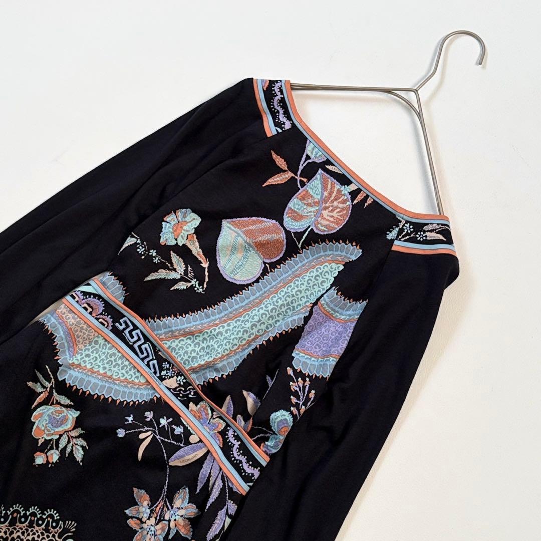 美品✨レオナール シルクウール 素敵な花柄 ワンピース リボン ネイビー