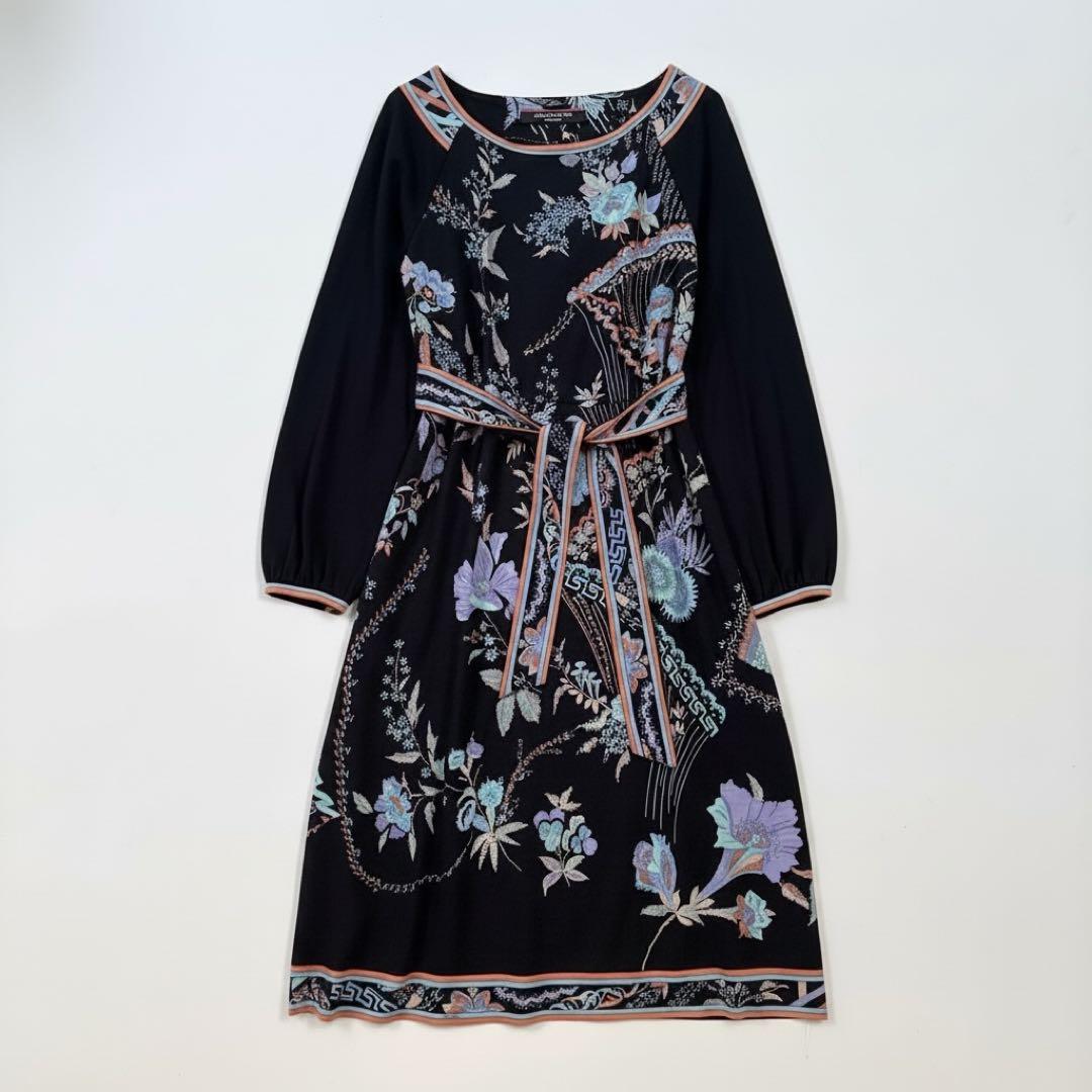 美品✨レオナール シルクウール 素敵な花柄 ワンピース リボン ネイビー