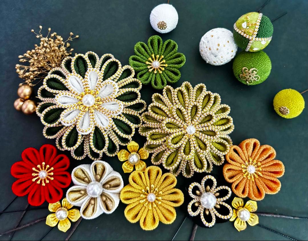 つまみ細工　縁取り　緑　抹茶