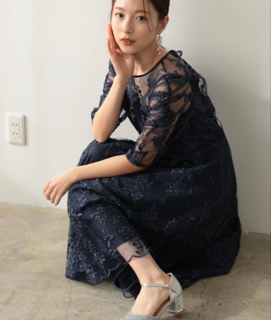 プレフェリール　結婚式　ネイビー　ドレス チュール　刺繍　レース　バックリボン
