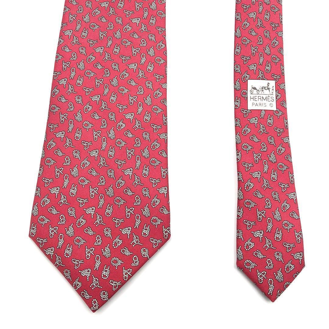 【極美品】HERMES ネクタイ ロープ柄 小紋柄 総柄 レッド 赤 白