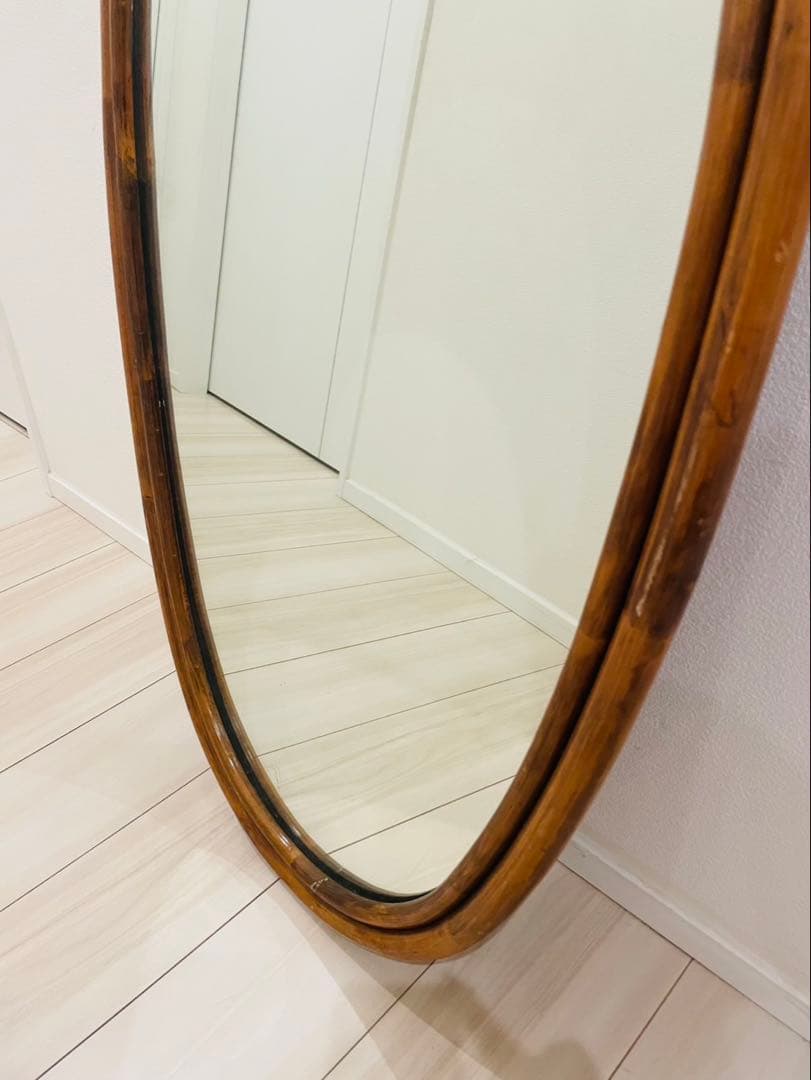 アンティーク ラタン 天然木 壁掛け鏡 ウォールミラー