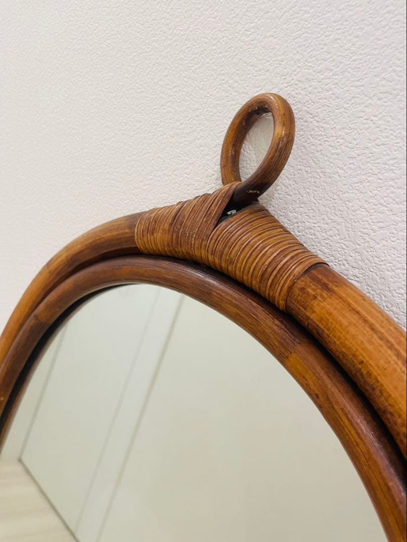 アンティーク ラタン 天然木 壁掛け鏡 ウォールミラー