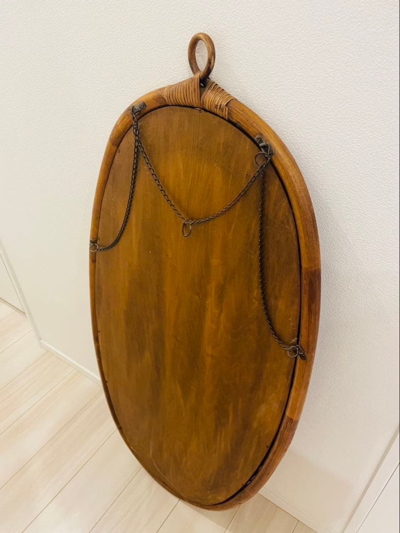 アンティーク ラタン 天然木 壁掛け鏡 ウォールミラー