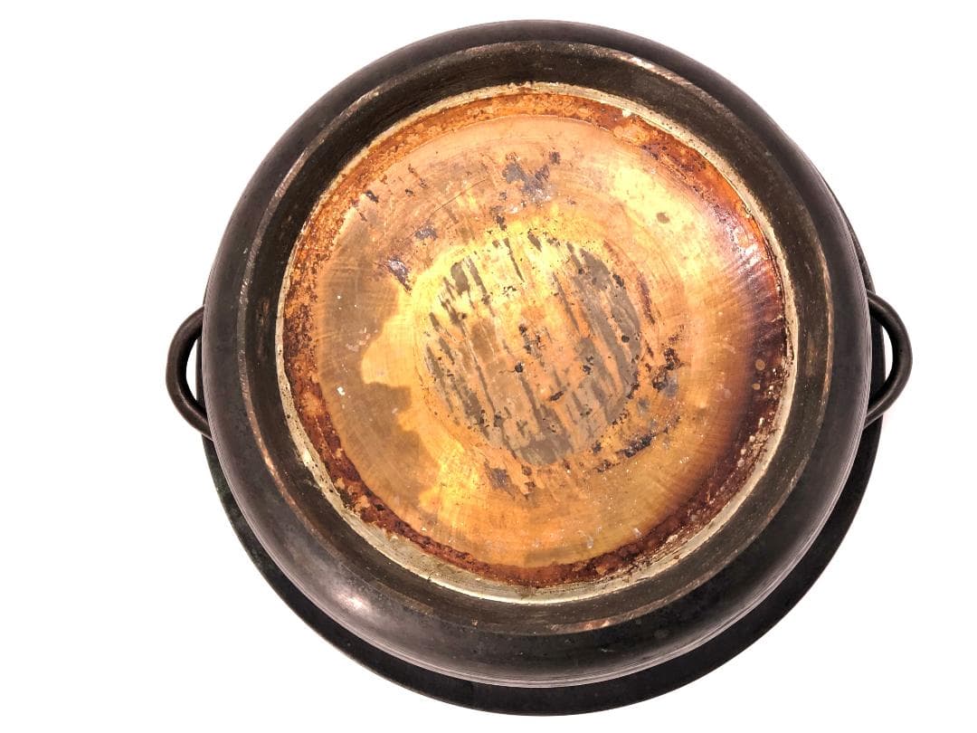 【 銅彫金手付香炉 25cm 】　貝藻文刻　清朝　中華古玩　　L1229A