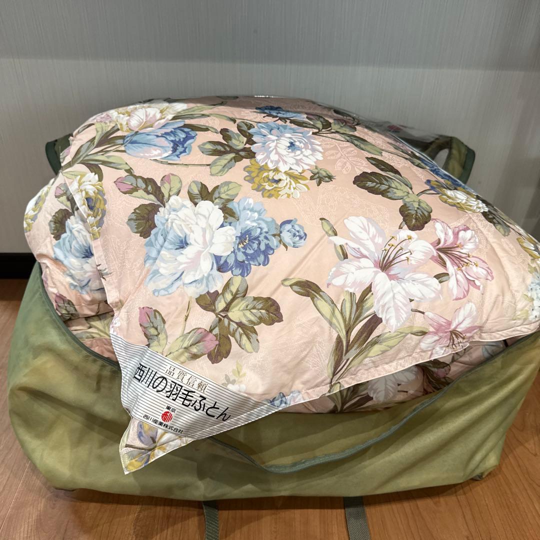 西川の羽毛ふとん 花柄 収納バッグ付き