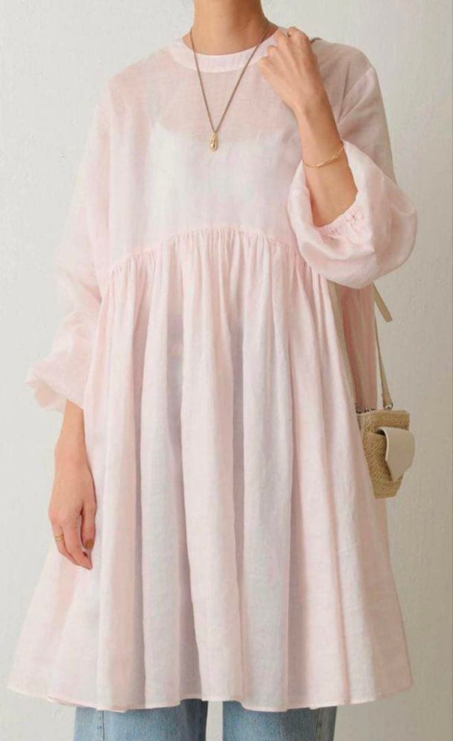 極美品❤️ビアズリー2wayリネンギャザーチュニックワンピース　ベビーピンク洗える