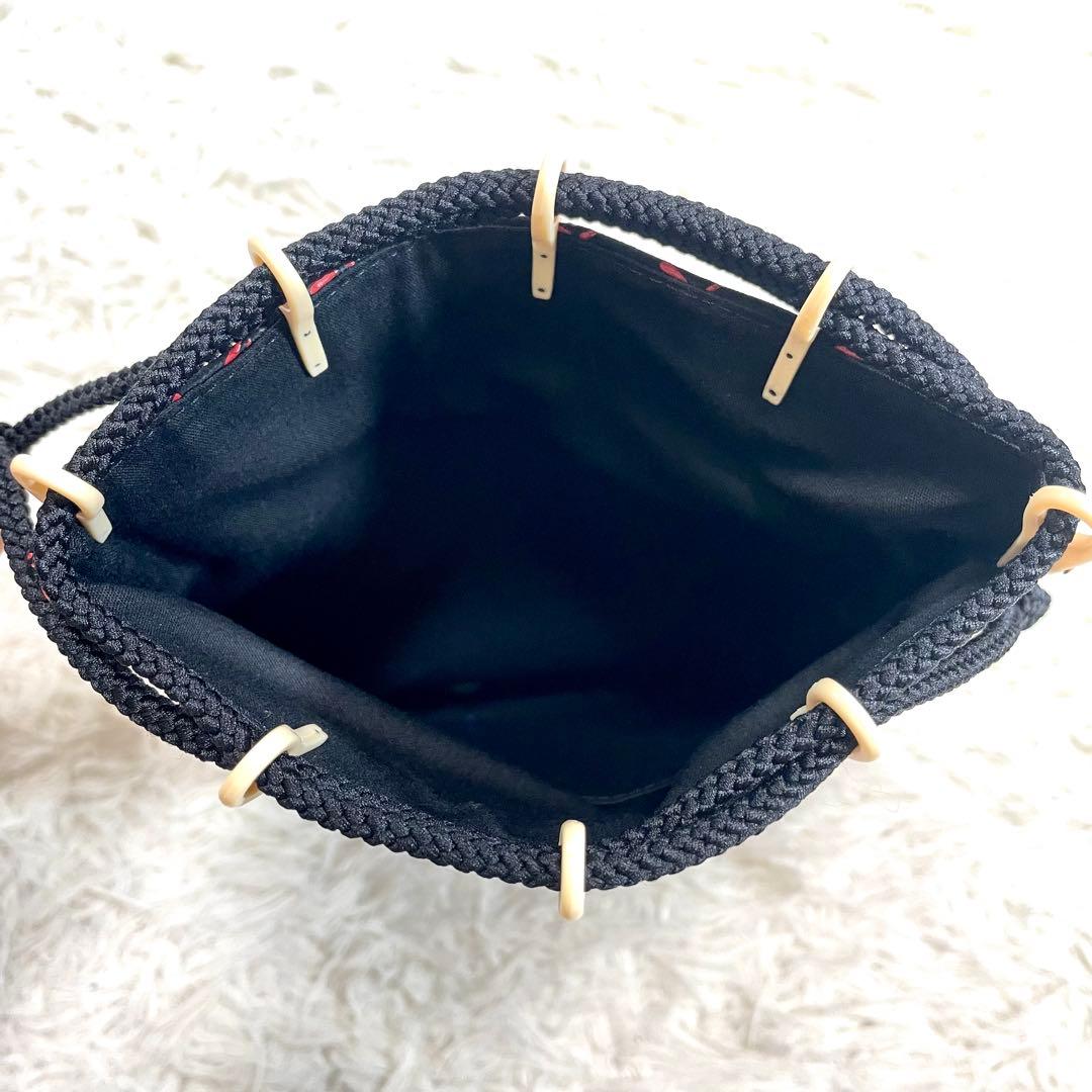 甲州印伝 印傳屋 合切袋 黒鹿革×赤漆 トンボ 巾着 袋 手提 革小物 上原勇七