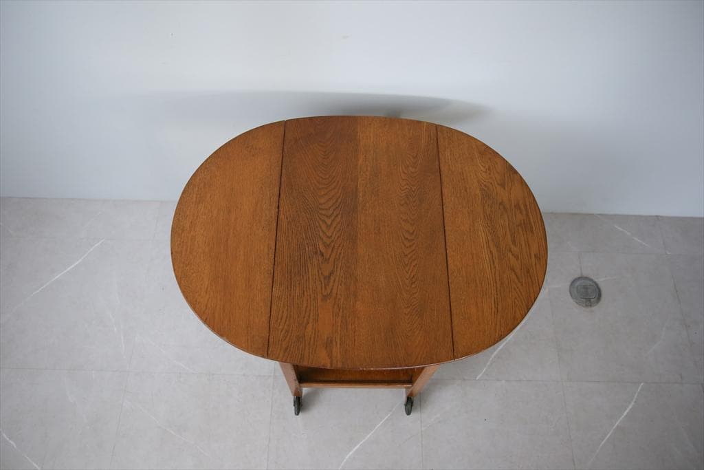 英国アンティーク木製ドロップリーフトロリーテーブル/収納式机ワゴン(91-179