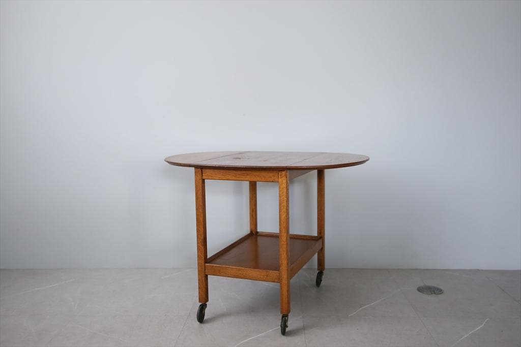 英国アンティーク木製ドロップリーフトロリーテーブル/収納式机ワゴン(91-179