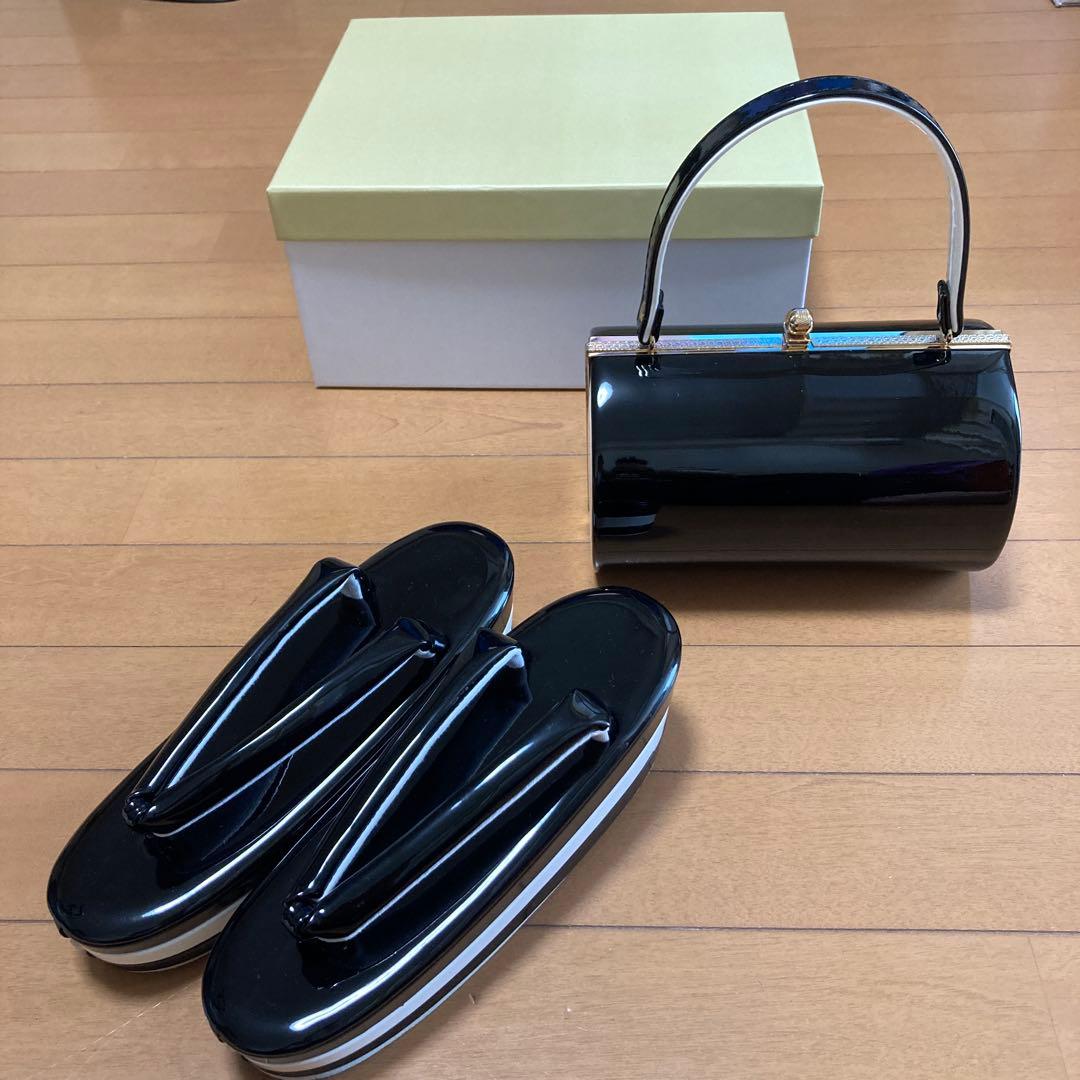草履 バック セット 成人式 厚底 エナメル 黒×白