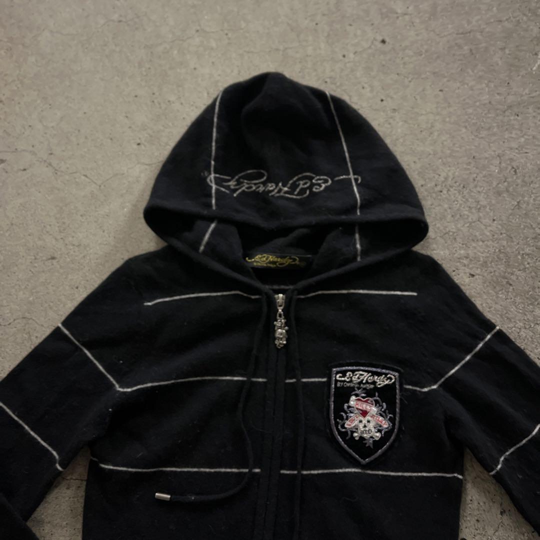 エドハーディー　ジップパーカー　 ボーダー　刺繍　ブラック　y2k平成ギャル