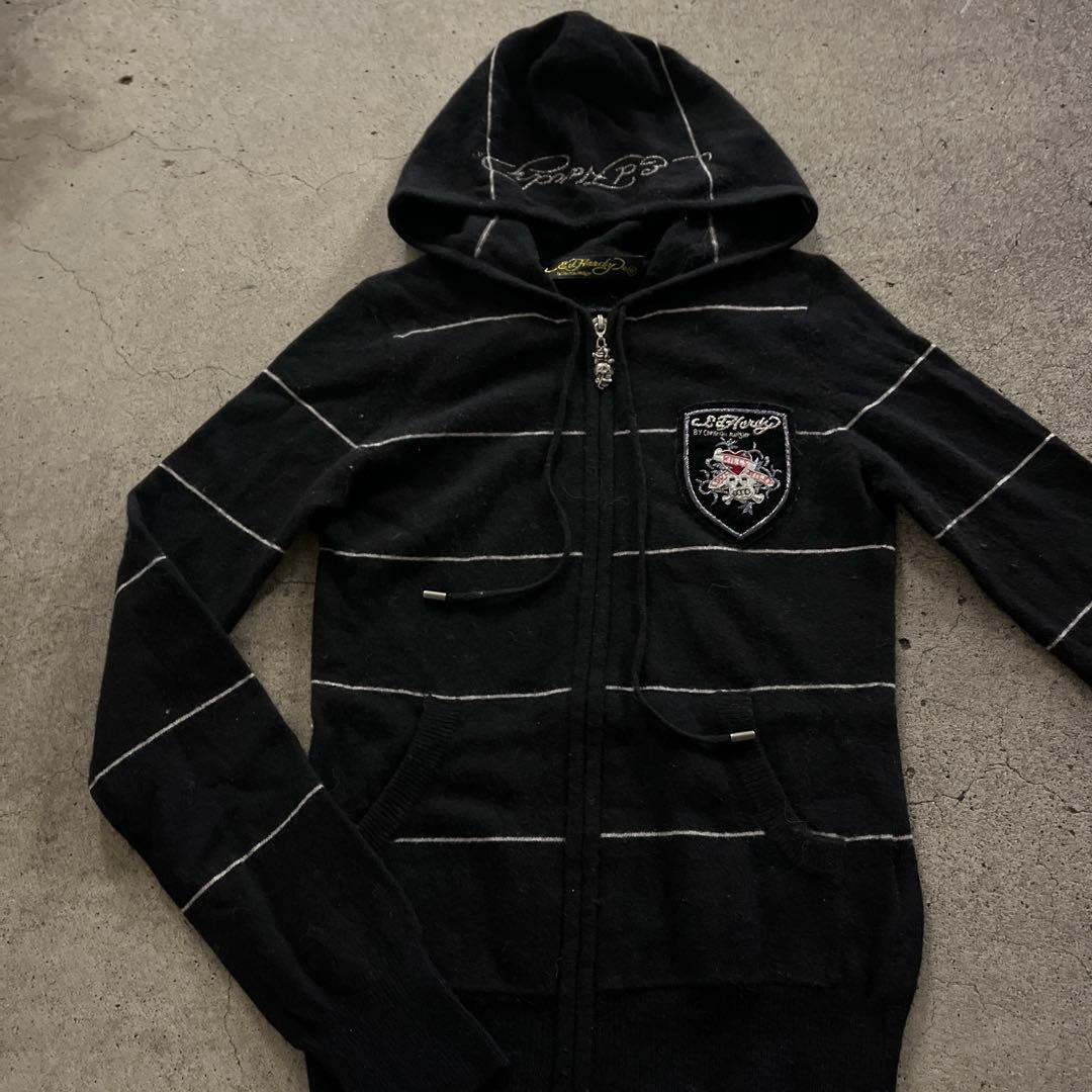 エドハーディー　ジップパーカー　 ボーダー　刺繍　ブラック　y2k平成ギャル
