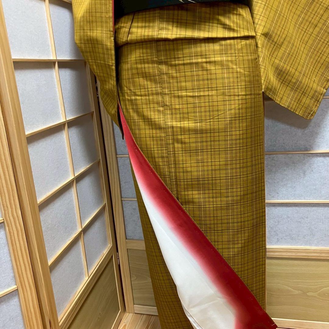 ［4376］黄八丈 紬 美品 未使用 格子縞 しつけ付 逸品 正絹 着物 袷