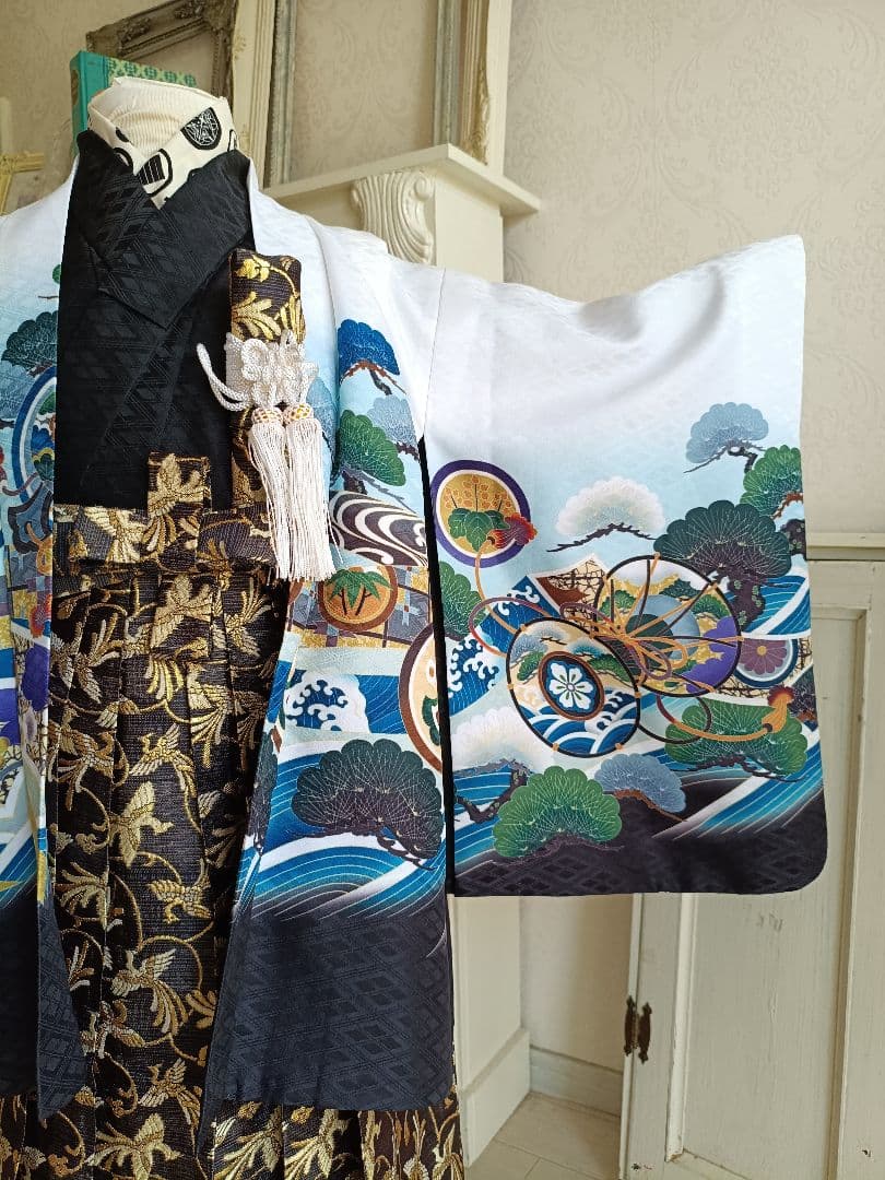 白地に鷹☆５歳男の子七五三着物☆