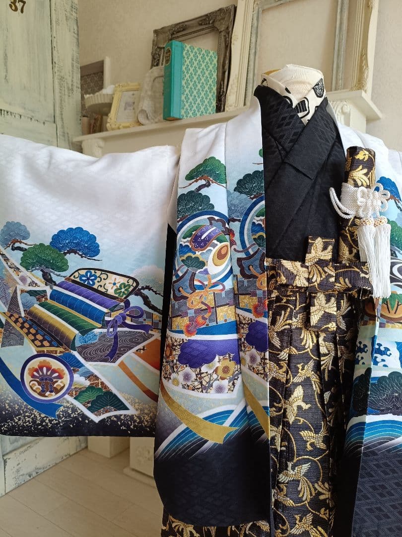 白地に鷹☆５歳男の子七五三着物☆