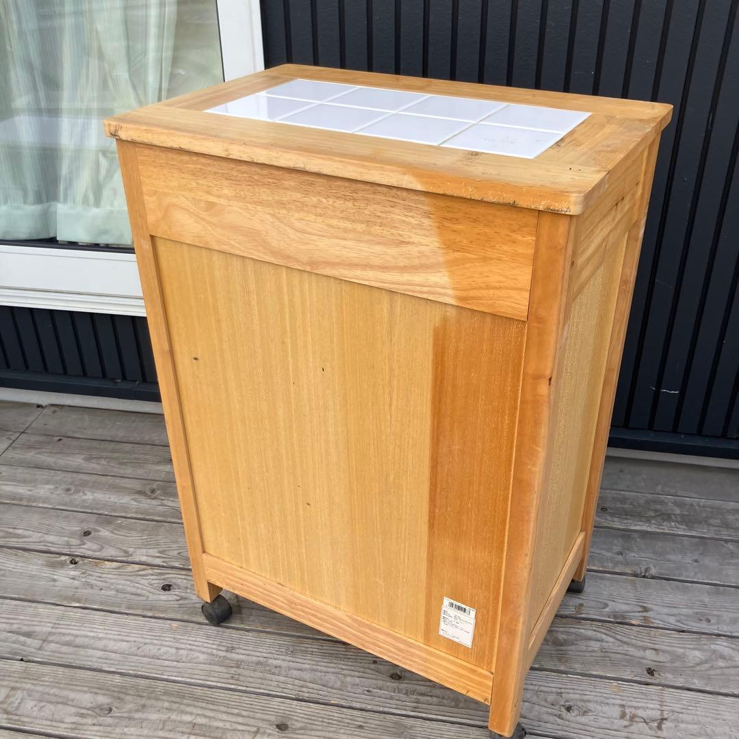 ②北欧レトロ アイリスオーヤマ 木製 タイル張り キッチンワゴン ダストボックス