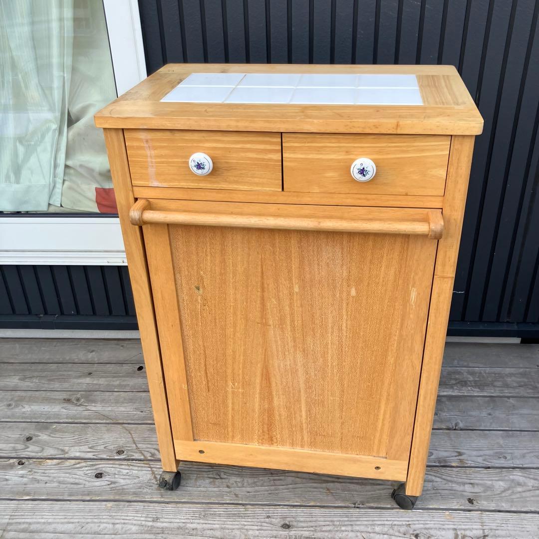 ②北欧レトロ アイリスオーヤマ 木製 タイル張り キッチンワゴン ダストボックス