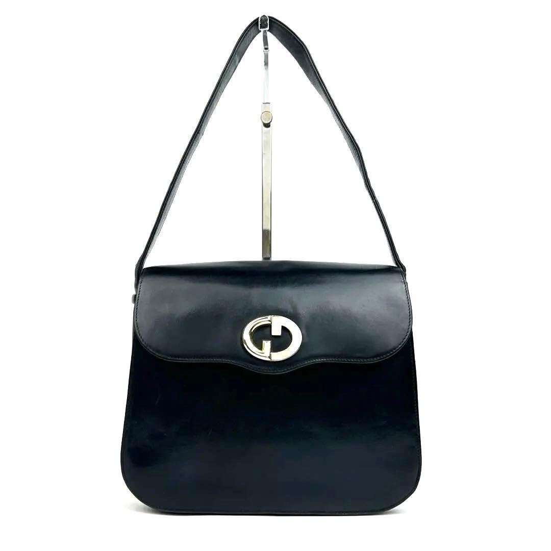 『美品』グッチ　ショルダーバッグ　GG　インターロッキング　レザー　ネイビー