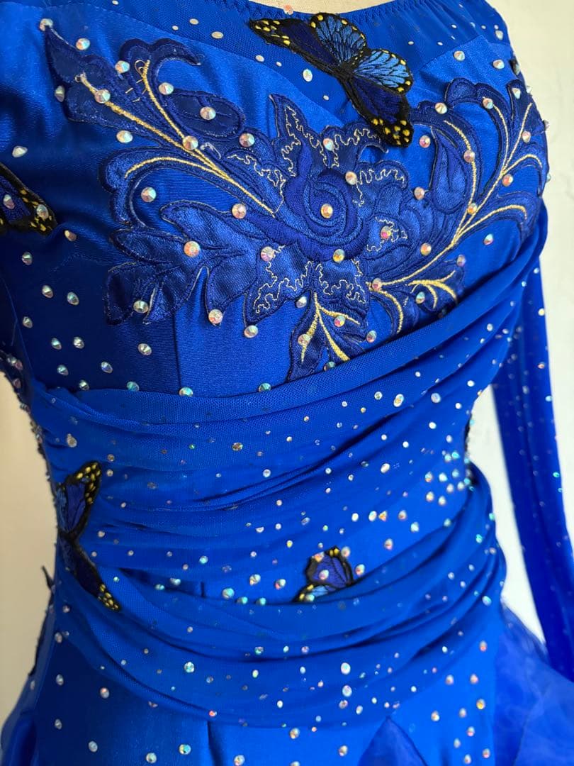 社交ダンスドレス 青 オフショルダー