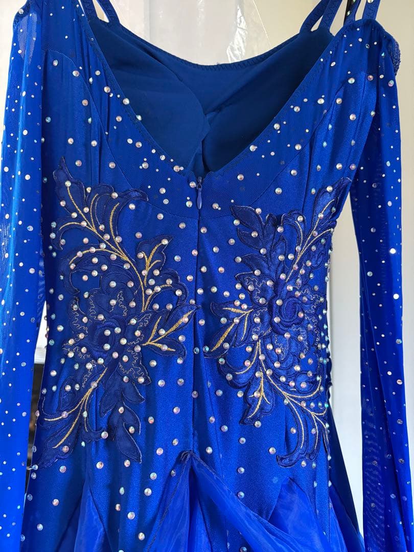 社交ダンスドレス 青 オフショルダー