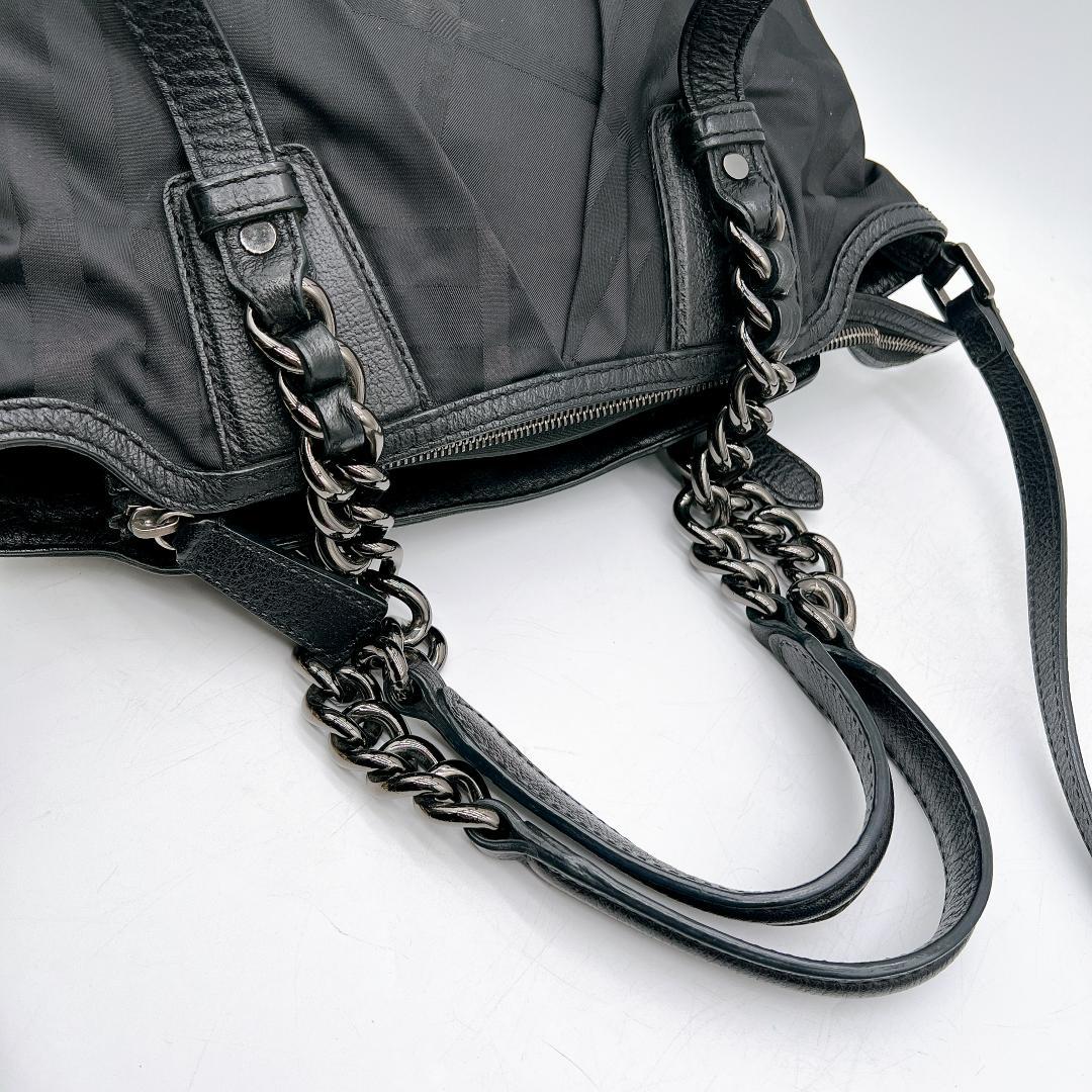 美品 BURBERRY シャドーチェック ナイロン チェーン トートバッグy10