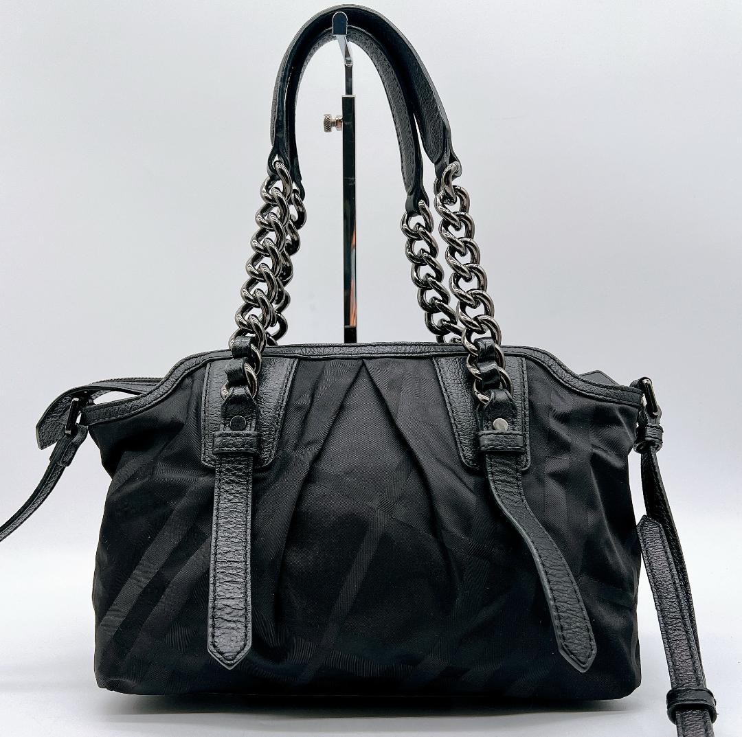 美品 BURBERRY シャドーチェック ナイロン チェーン トートバッグy10