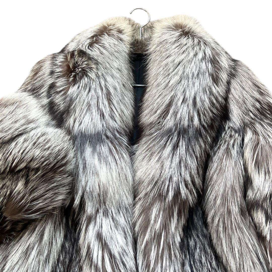肉厚ボリューム◎ 着丈80cm シルバーフォックス リアルファーコート 本毛皮