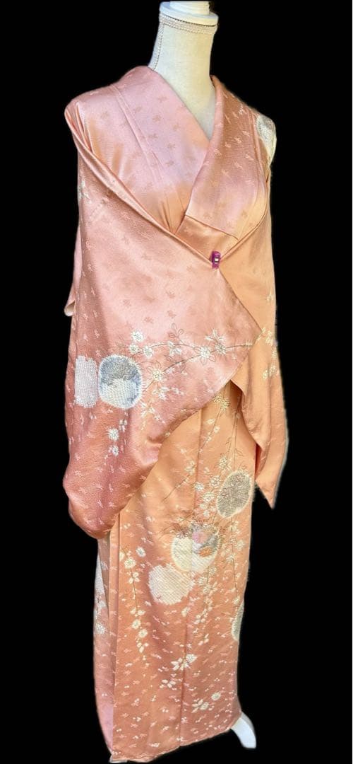 千總　訪問着　刺繍　絞り　枝垂れ桜　薄いピンク系　薄桃色　金糸　正絹