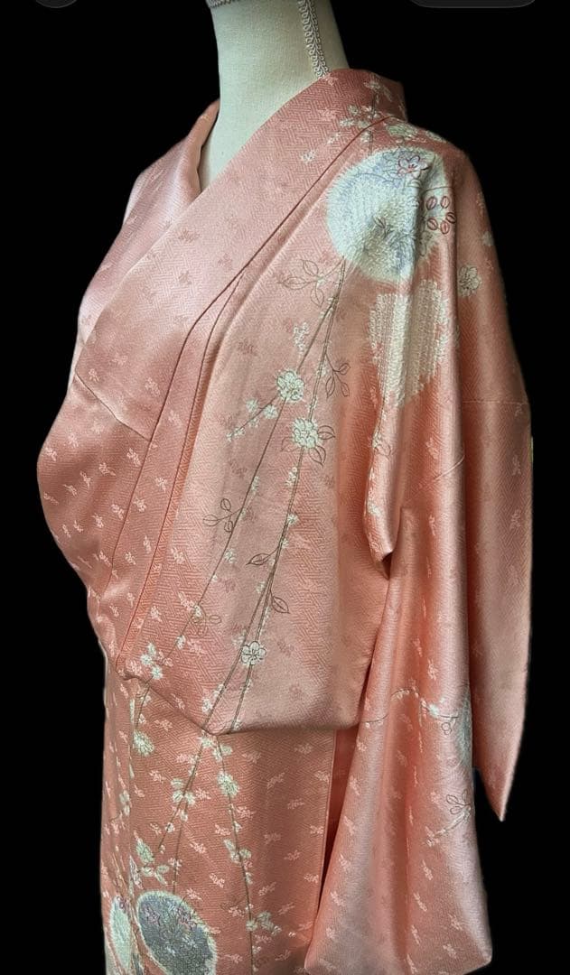 千總　訪問着　刺繍　絞り　枝垂れ桜　薄いピンク系　薄桃色　金糸　正絹