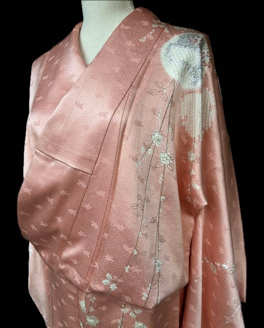 千總　訪問着　刺繍　絞り　枝垂れ桜　薄いピンク系　薄桃色　金糸　正絹