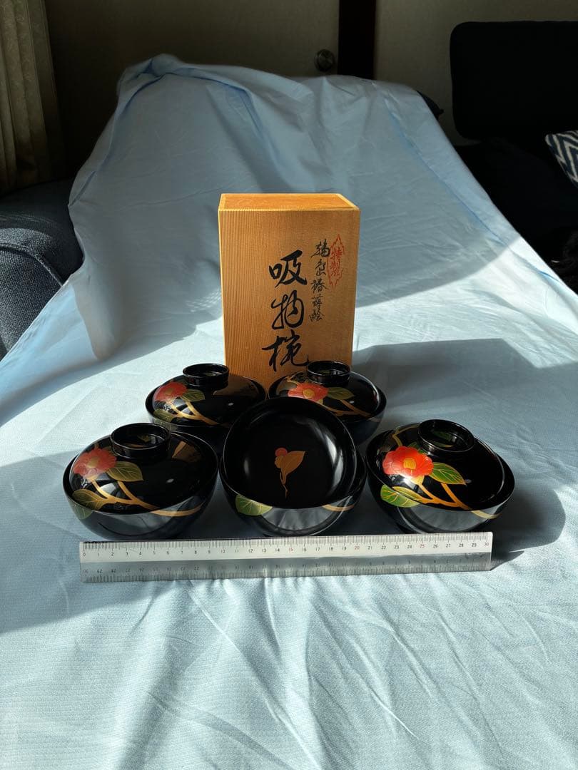 輪島塗 角知作 吸物椀 5客セット 共箱入 椿蒔絵 漆器 天然木 伝統工芸