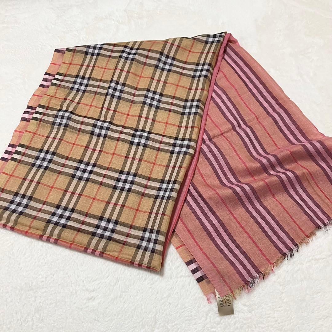 未使用級 箱付 BURBERRY シルク混 大判 ストール ノバチェック 金タグ