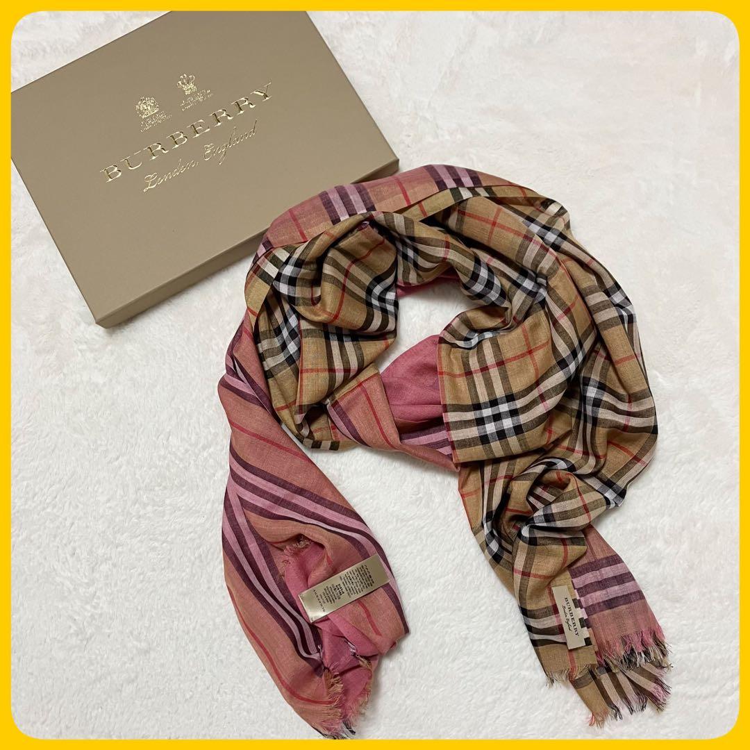 未使用級 箱付 BURBERRY シルク混 大判 ストール ノバチェック 金タグ