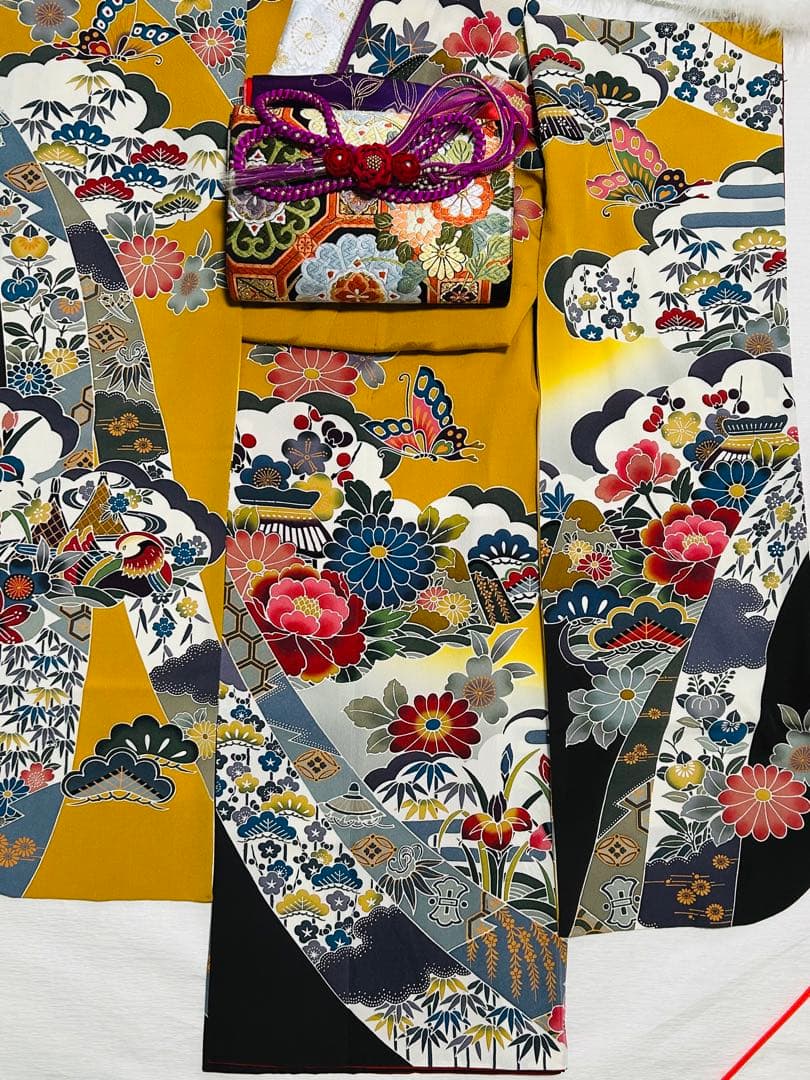 新品　最高級本振袖　京紅型巨匠宮崎良次先生作品 振袖用高級唐織袋帯　フルセット