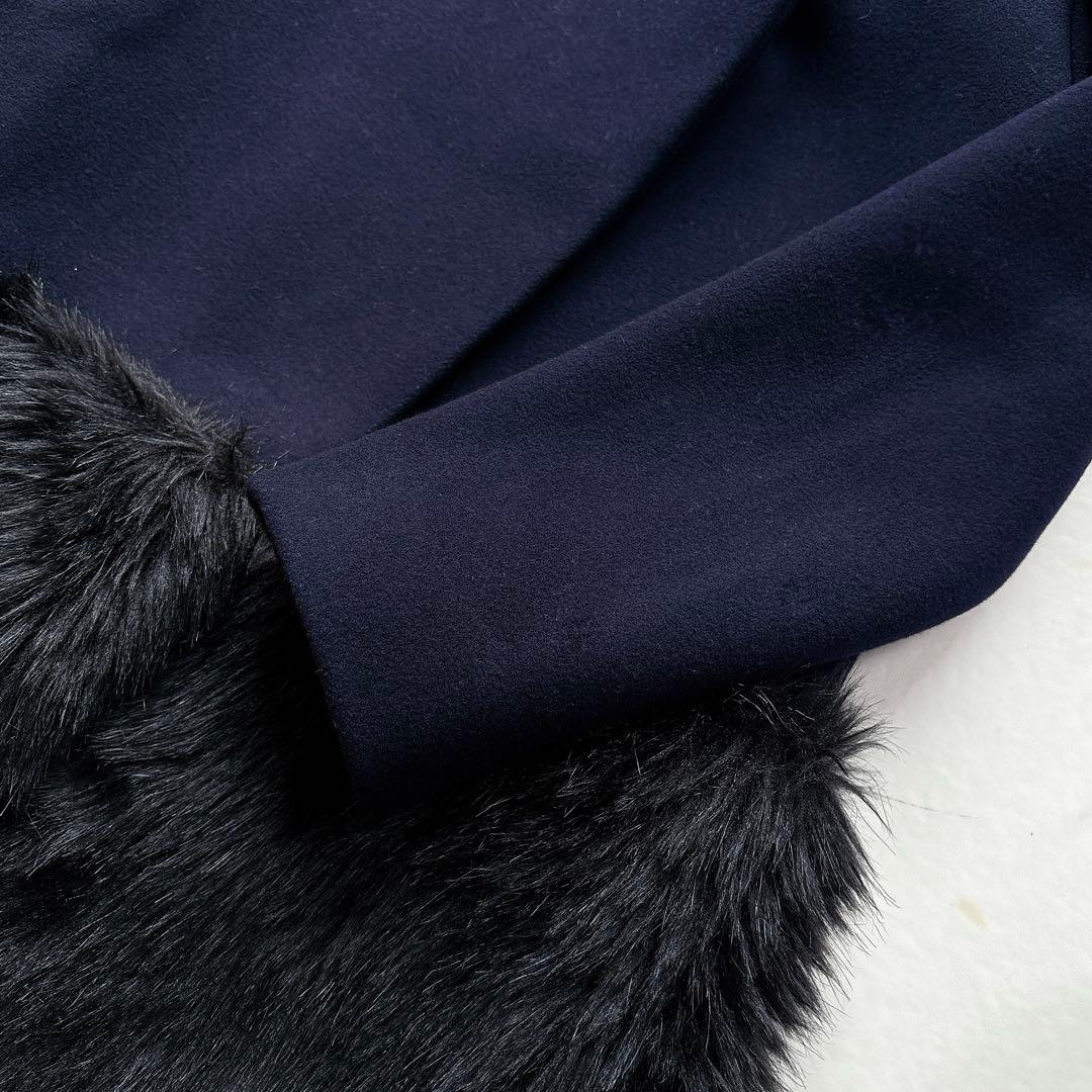【YOKOCHAN】ファー切替デザイン　ノーカラーコート　ネイビー　38