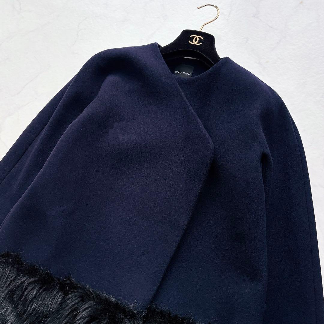 【YOKOCHAN】ファー切替デザイン　ノーカラーコート　ネイビー　38