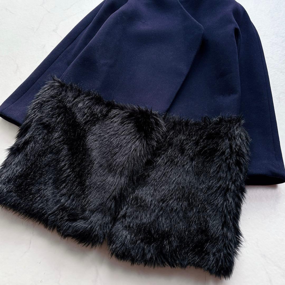 【YOKOCHAN】ファー切替デザイン　ノーカラーコート　ネイビー　38